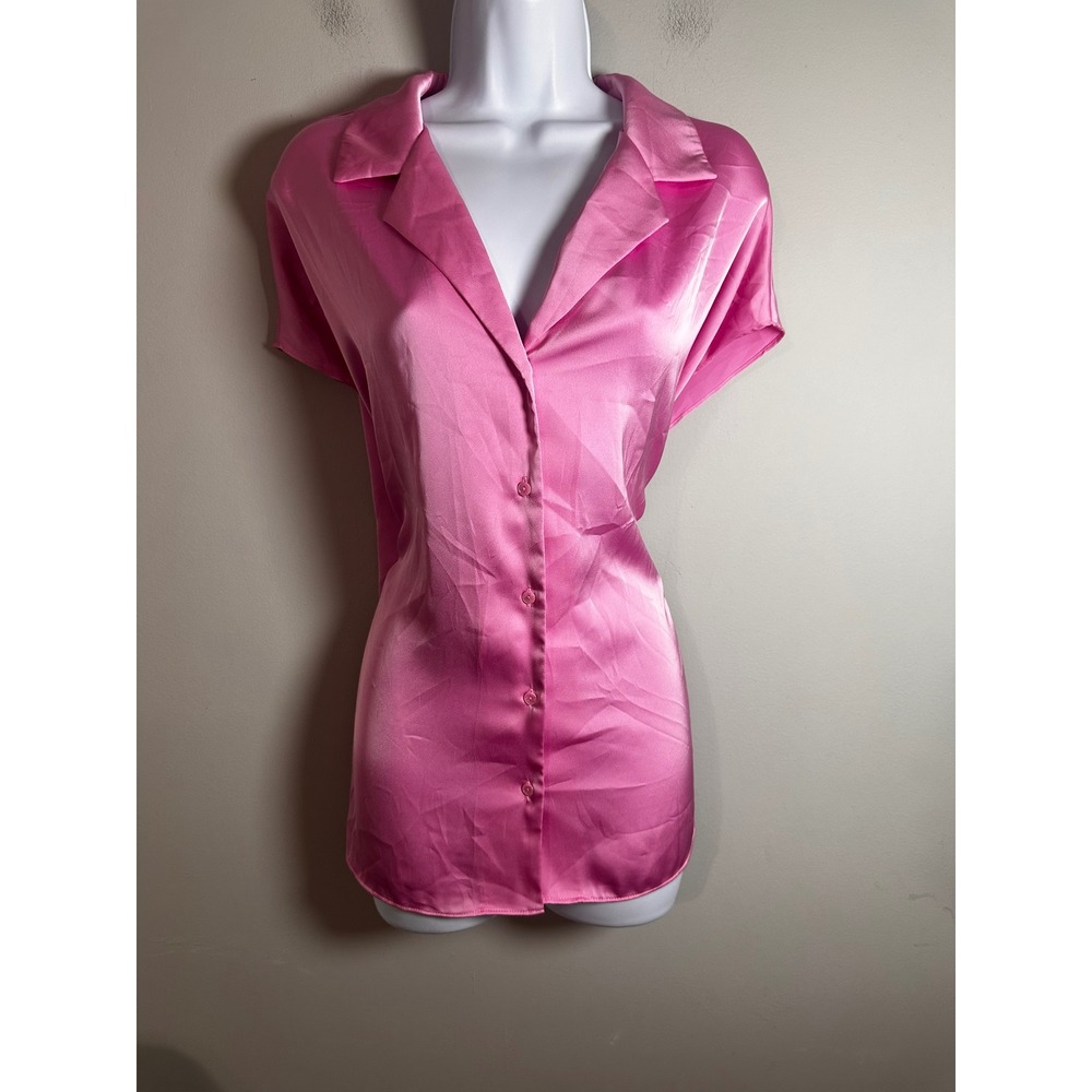 Rachel Rachel Roy Hot Pink Satin Button Down Short Sleeve Blouse Large Fuchsia - Picture 2 of 7